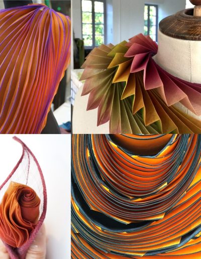 Pleated silk organza samples by Bridget featured in 'Flat to Fold', talk by Bridget Bailey and Paul Stafford at The British Hat Guild symposium on endangered Craft at London Craft Week 26.