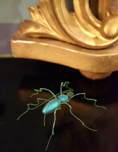 Turquoise Beetle £350. Made from veiling wrapped over iridescent fibre, with legs bound in fine wire to give iridescent filigree effect. Size H 3 x L 8 x W 9cm. Sales: contact Bridget at studio@bridgetbailey.co.uk
